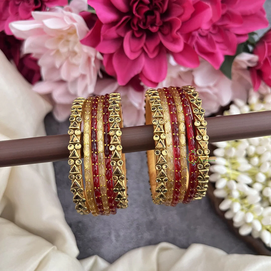 Rustic Gold & Red Glass Bangles Antique Finish Traditional Silk Thread Bangle